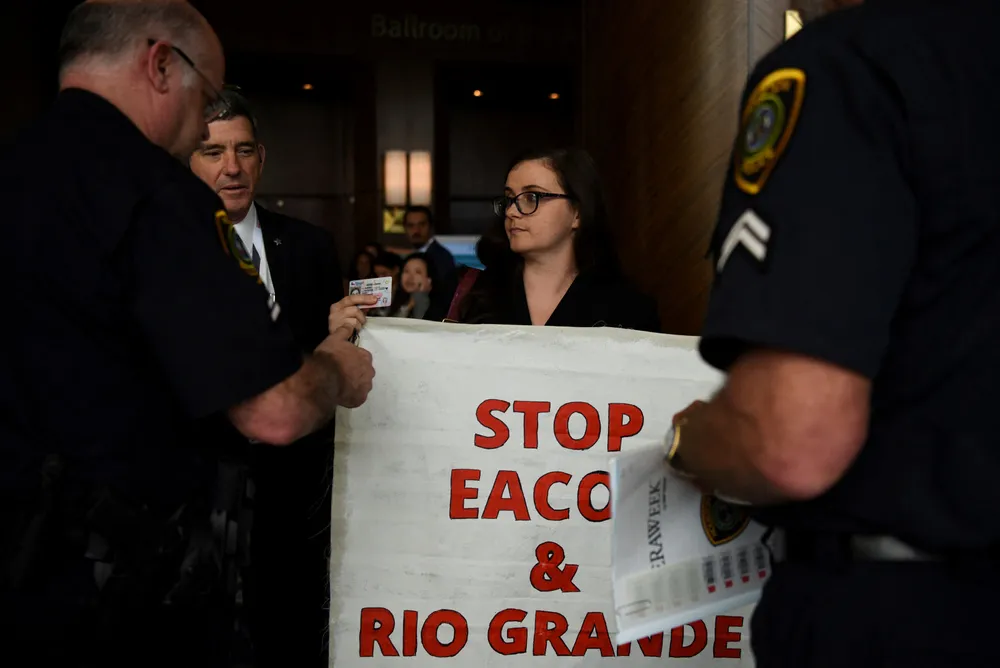 Strong words: Aly Tharp, an organiser from climate justice advocacy organisation GreenFaith, protests at the CERAWeek 2023 energy conference in Houston, Texas.
