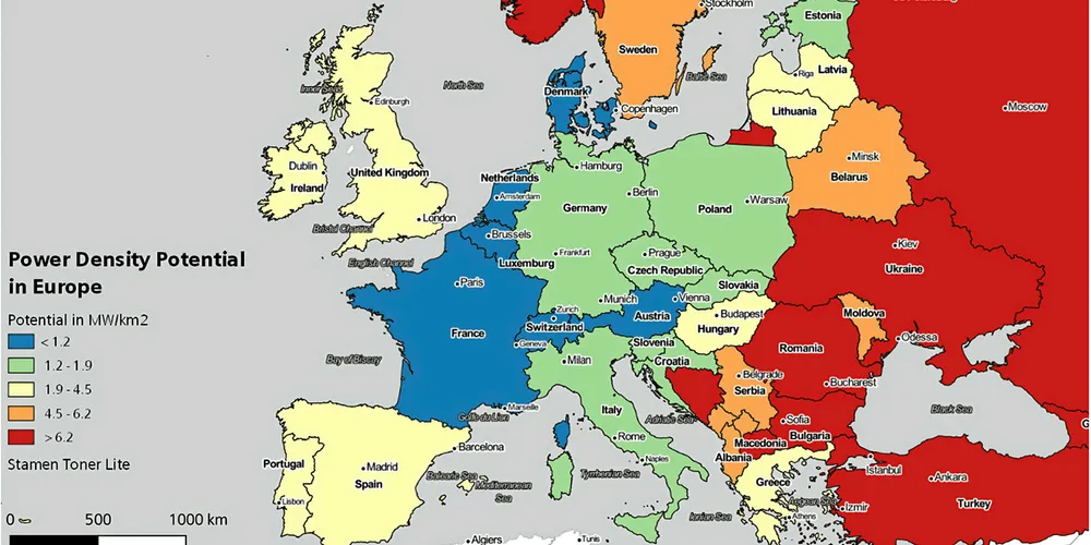 Europe's onshore wind density potential.
