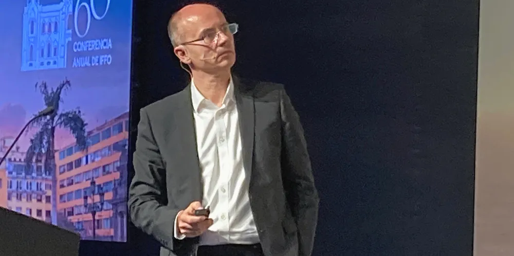 Financial Times Economics Editor Chris Giles during a presentation to the 60th annual International Marine Ingredients Organization (IFFO) conference in Lima, Peru
