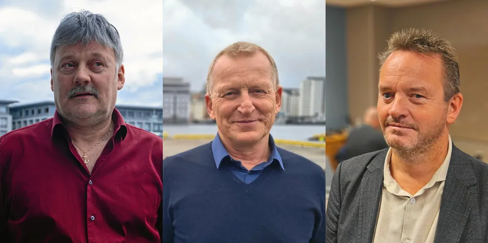 Fisker Einar Helge Meløysund, Fiskarlagetleder Kåre Heggebø og Sjømat Norge-sjef Geir Ove Ystmark.