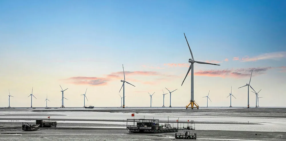 Intertidal wind farms like this one off Jiangsu province, China, sit between the offshore and onshore wind sectors.