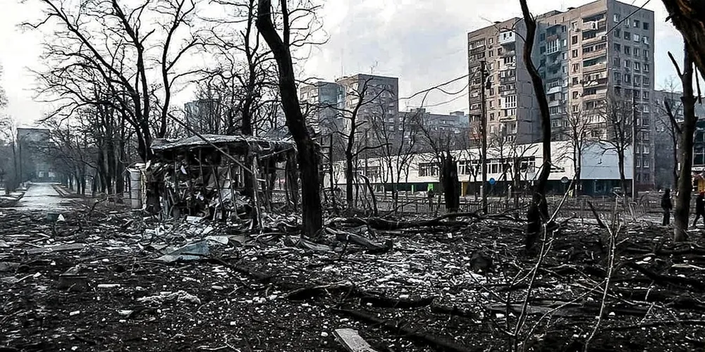 A street in Mairupol, photographed in mid-March, during Russia's seige of the city. Mariupol is a key port on the Sea of Azov and has been the scene of intense fighting.