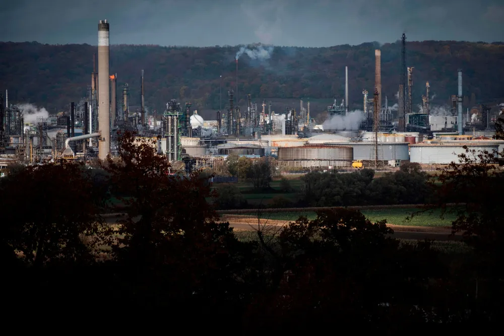 Industrial basin: part of the industrial zone of the harbour of Port-Jerome-sur-Seine in Normandy, north-western France
