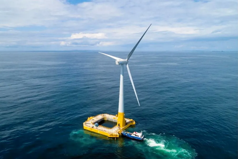 BATSO. A maintenance vessel docks at Floatgen, BW Ideol's first floating wind turbine in France, installed at the SEM-REV site operated by the Open-C Foundation off the coast of Le Croisic.