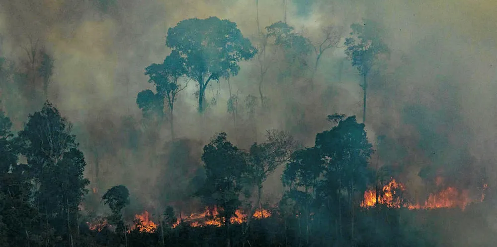 CANDEIRAS DO JAMARI, RONDÔNIA, BRAZIL: Aerial view of a large burned area in the city of Candeiras do Jamari in the state of Rondônia.