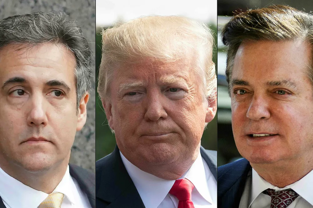 Donald Trump (midten) sin tidligere advokat Michael Cohen (t.v.) kom med en tilståelse som involverte Trump, og har blitt skjelt ut av presidenten på Twitter. Trumps tidlgiere kampanjeleder Paul Manafort (t.h.) ble samme dag dømt for en rekke forhold, uten noen tilståelse eller avtale med påtalemyndighetene. Nå snakker Trump, ifølge Fox News, om mulig benåding av Manafort.