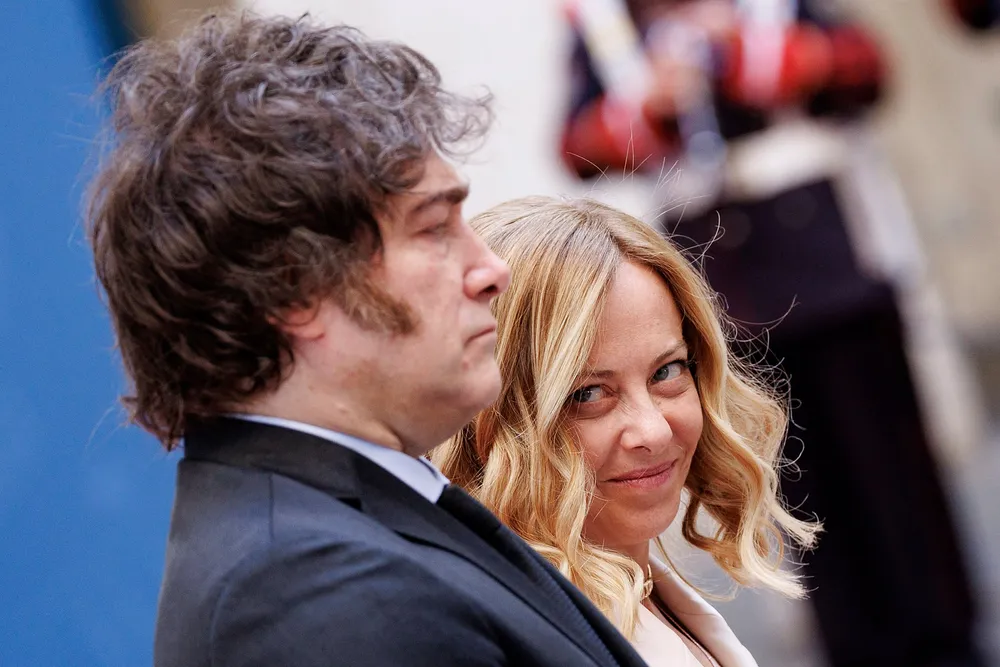 Italy’s Prime Minister Giorgia Meloni (right) met Argentina’s President Javier Milei during a welcoming ceremony at Palazzo Chigi in Rome, Italy.