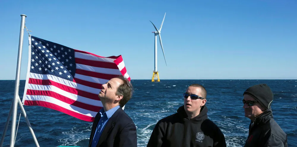 Labor leaders and journalists tour the Block Island Wind Farm, off the shores of Block Island, Rhode Island.