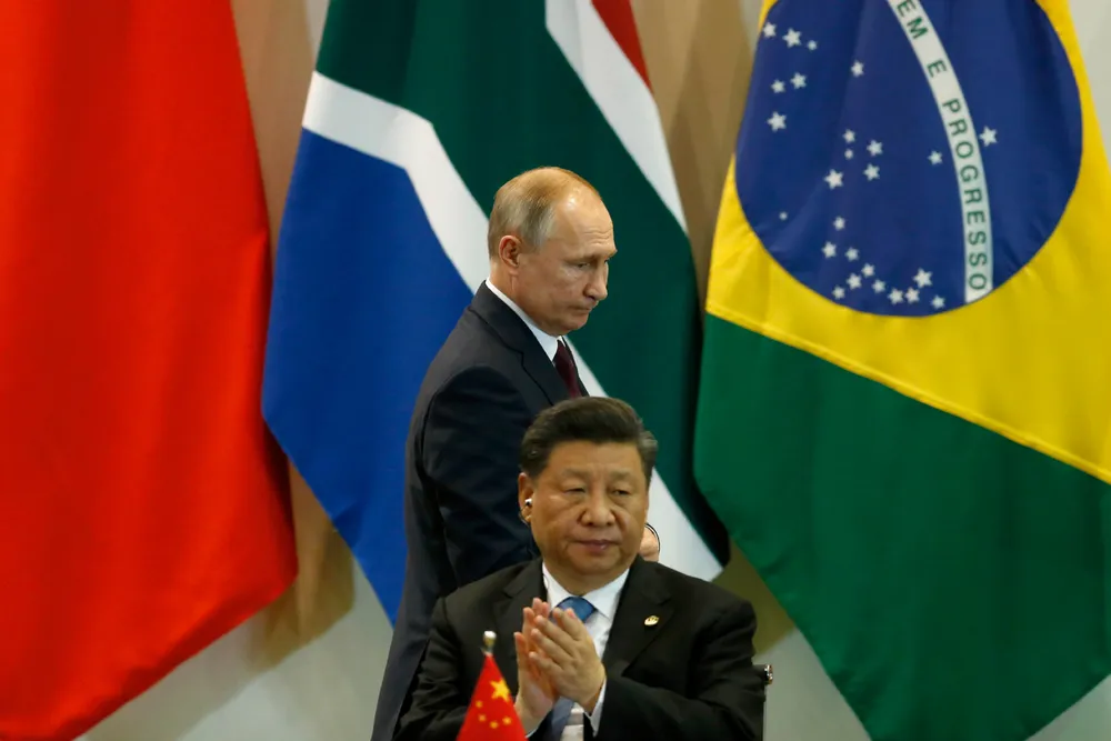 Fra Brics-møtet i Brasil i 2019. I år holder Putin seg hjemme.
