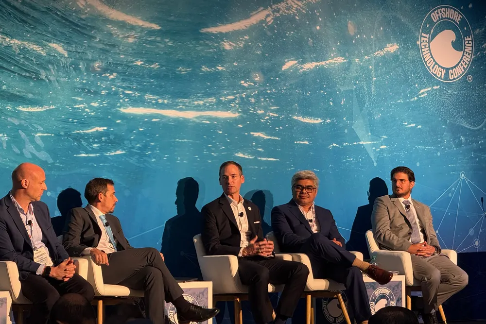 Jeremy Hall, centre, president for projects technical and assurance at UK-based contractor Wood Group, speaking at OTC 2025 in Houston, earlier this month.