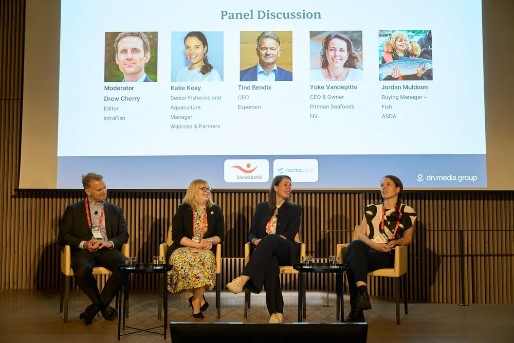 The IntraFish Seafood Leadership Breakfast in Barcelona. Left to right: Tino Bendix, CEO, Espersen; Jordan Muldoon, fish buying manager, ASDA; Yoke Vandepitte, CEO, Pittman Seafoods; Katie Keay, senior fisheries and aquaculture manager, Waitrose.