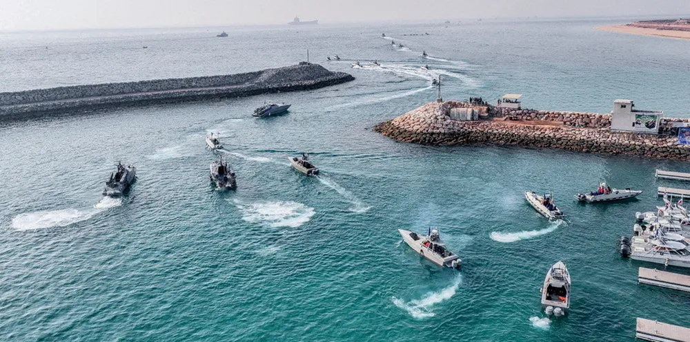 The Islamic Revolutionary Guard Corps Navy’s speedboats during an exercise off Abu Musa Island.