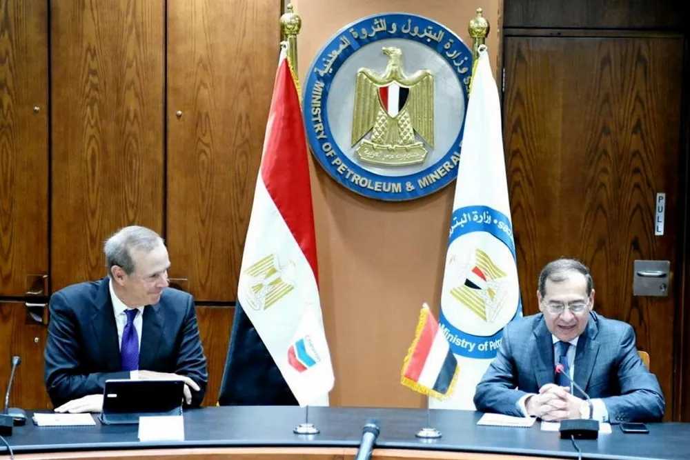 Meeting of minds: Chevron chief executive Mike Wirth (left) and Egypt’s Minister of Petroleum Tariq al-Mulla in Cairo on 20 June