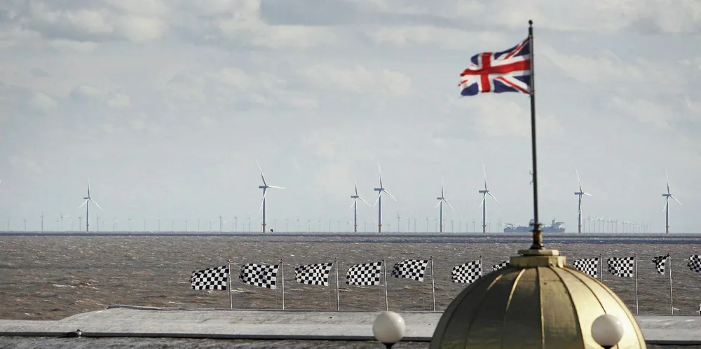 The UK's Gunfleet Sands wind farm, as seen from the town of Clacton-on-Sea