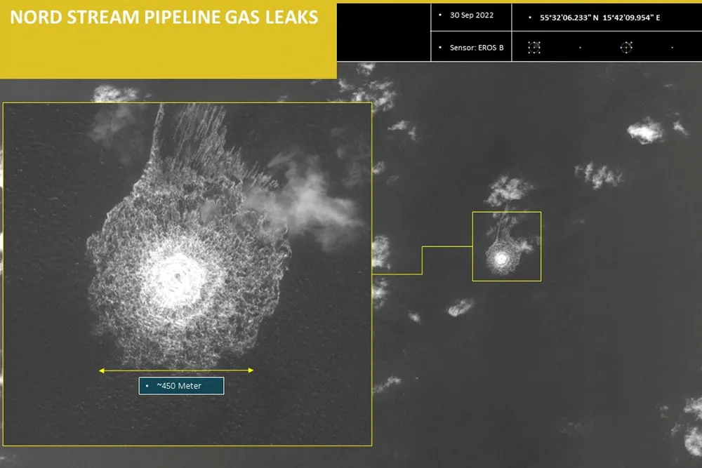 In search for evidence: A picture of the scale of the natural gas release from a leak on the Nord Stream 1 gas pipeline in the Swedish maritime economic zone in the Baltic Sea at the end of September 2022.