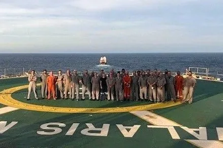 Drilling crew on boad the Valaris MS-1 at Santos' Barossa field offshore Australia.