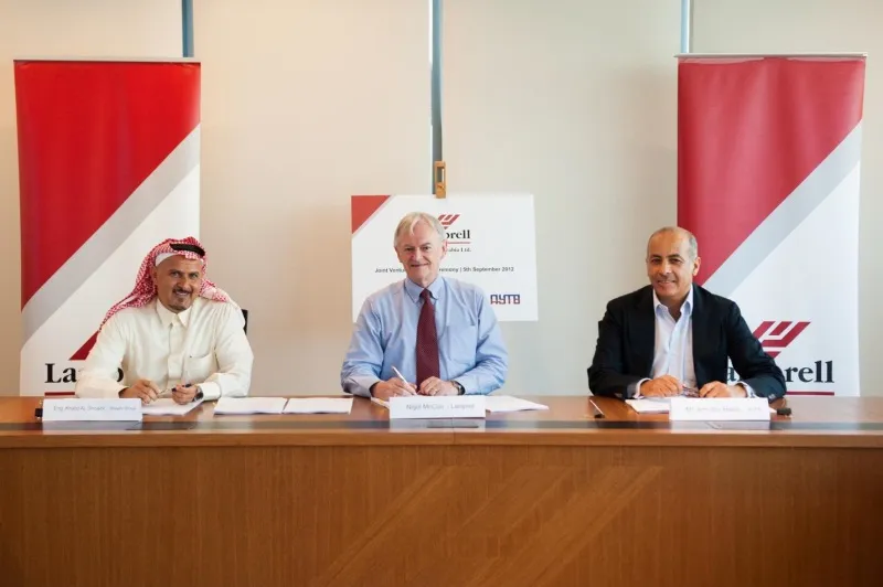 Lamprell Arabia: (left to right) Shoaibi Group director Khalid Al Shoaibi, Lamprell chief executive Nigel McCue and AYTB managing director Amr Bin Halim at the signing of the joint venture agreement