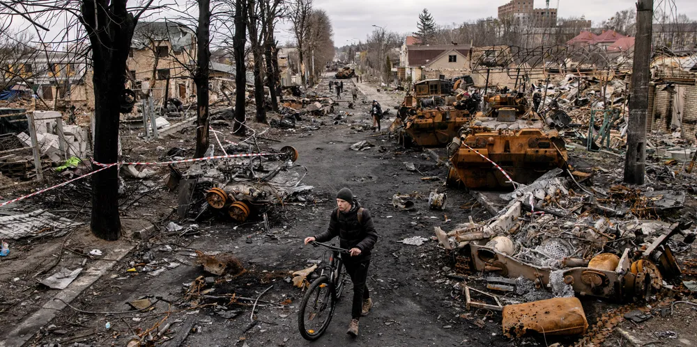 A view of the devastated Ukranian city of Bucha, near Kyiv, after Russian forces left.