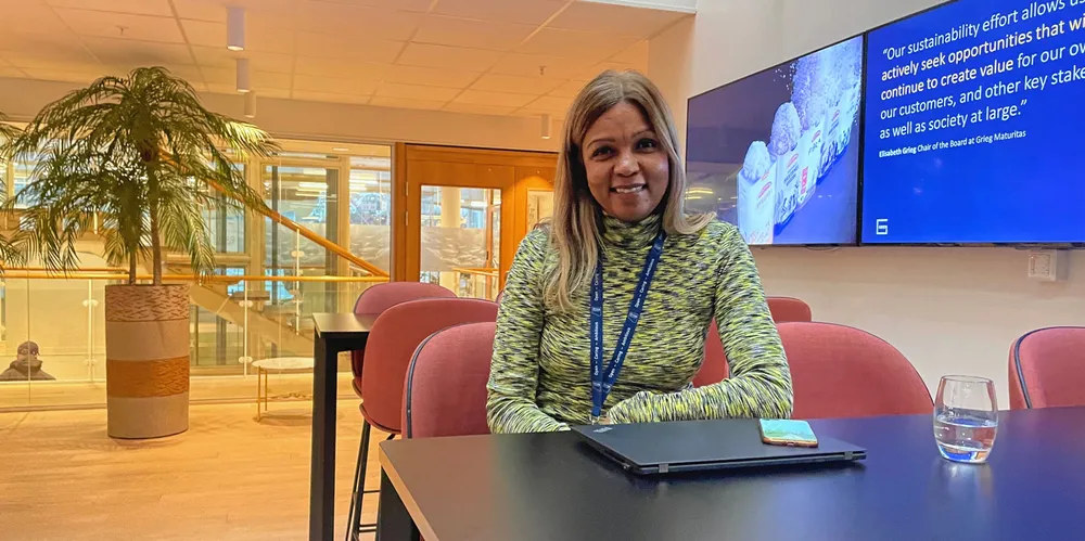 Kathleen Mathisen, HR-sjef Grieg Seafood, kontorene til Grieg Seafood. Sak om korleis selskapet jobbar med trakassering.