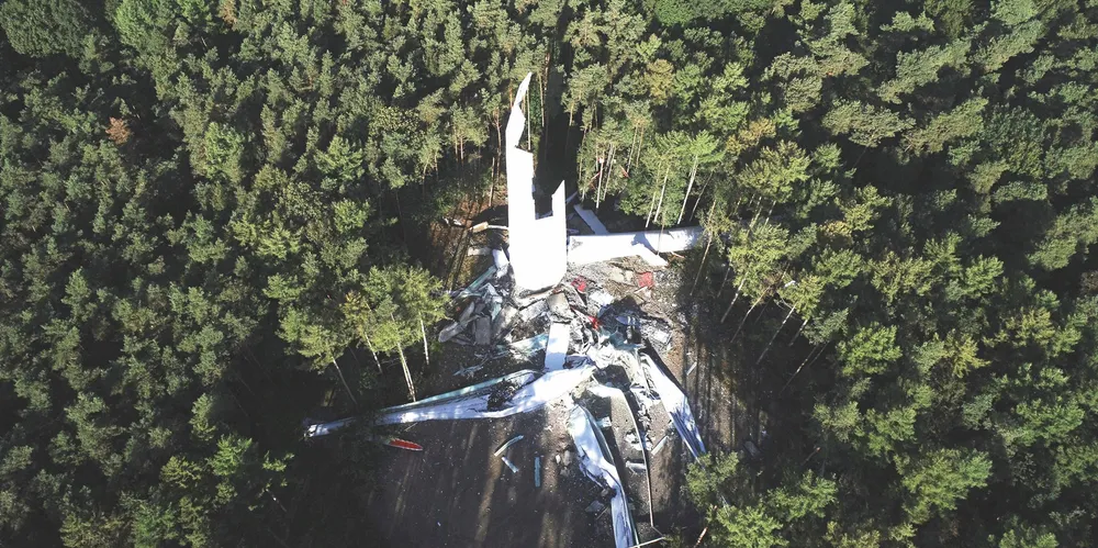 Remains of collapsed Nordex N149/4500 turbine in forest near Essen, Germany