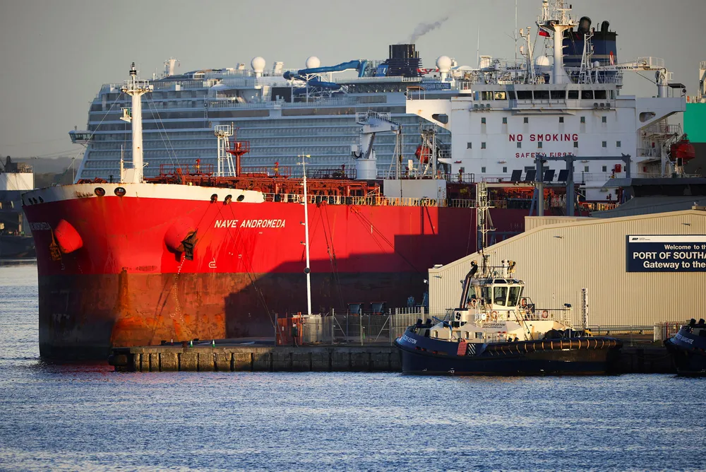 The Nave Andromeda oil tanker is docked next to the Queen Elizabeth II Cruise Terminal in Southampton after the military seized control