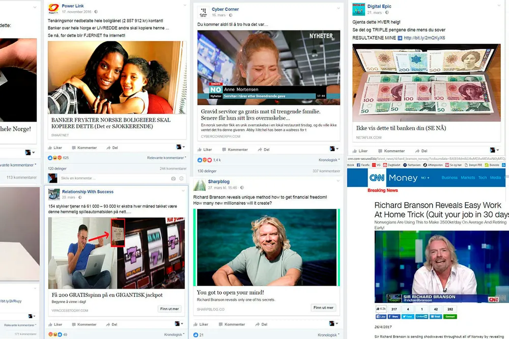 Lureannonser forkledd som nyheter og skjult reklame for gamblingnettsteder spres på Facebook i høy hastighet. Faksimile: Facebook