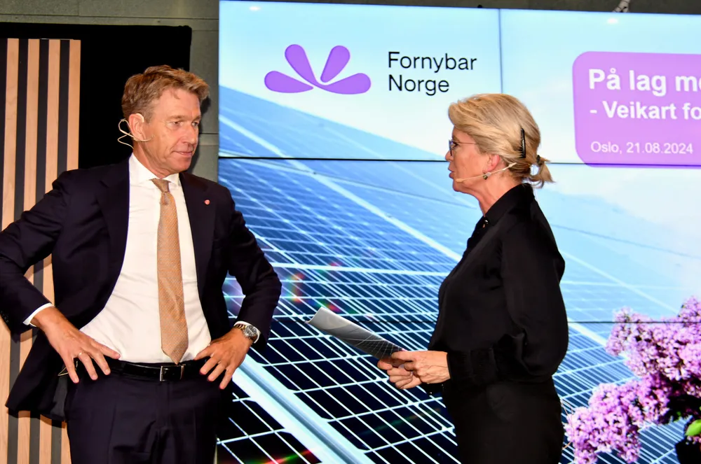 Energiminister Terje Aasland og Fornybar Norge-sjef Åslaug Haga er enig om det aller meste, men ikke grunnrenteskatt.