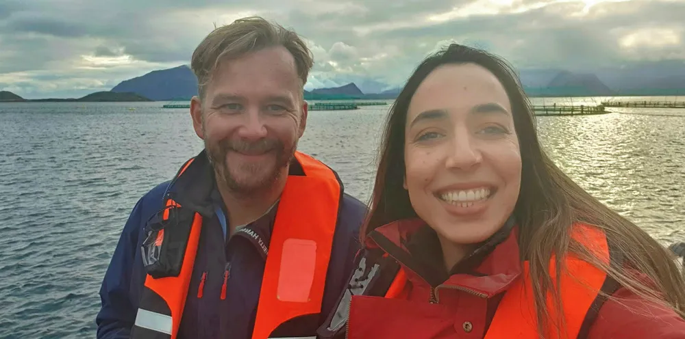 Scholarship recipient Marwa Mechlaoui with Kvaroy Arctic CEO Alf-Goran Knutsen at the farm site.