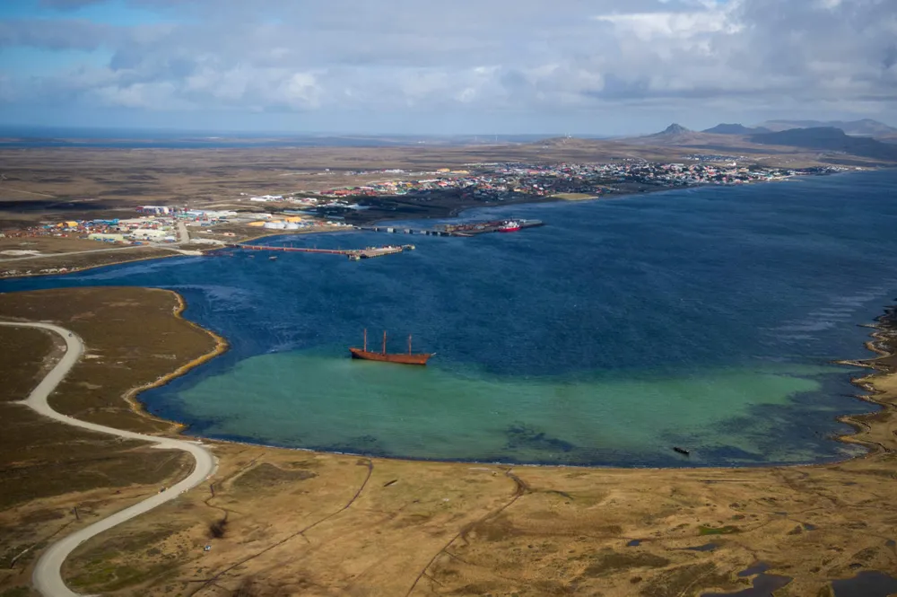 An aerial view of Stanley in the Falkland Islands