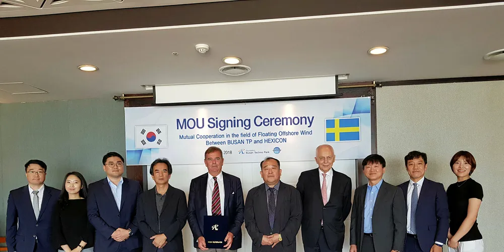 Executives from Hexicon and Busan Techno Park & Renewable Energy Centre mark the MoU signing.
