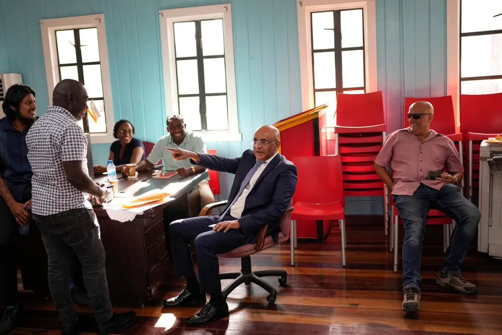 Rebuts criticism: Guyana Vice President Bharrat Jagdeo (second from right), during a press conference in April 2023.