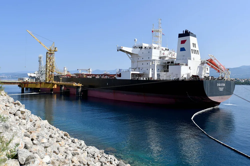Dugi Otok tanker at a discharge terminal in the port of Omisalj in Croatia