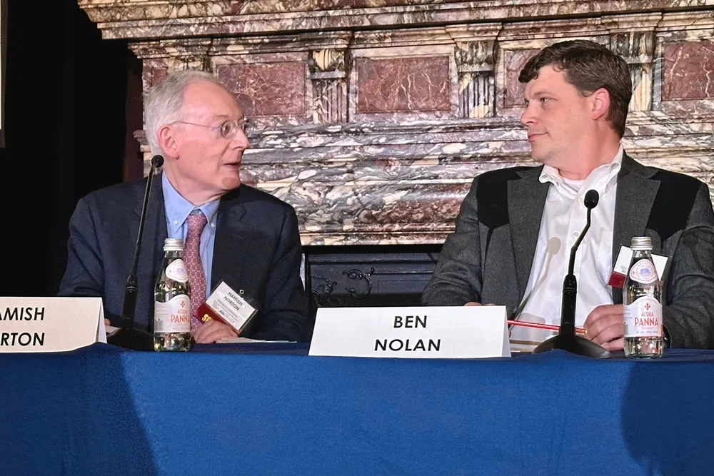 Star Bulk president Hamish Norton (left) interviews Stifel analyst Ben Nolan.