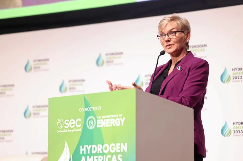 Jennifer Granholm speaking at the Hydrogen Americas Summit in Washington DC on Monday.