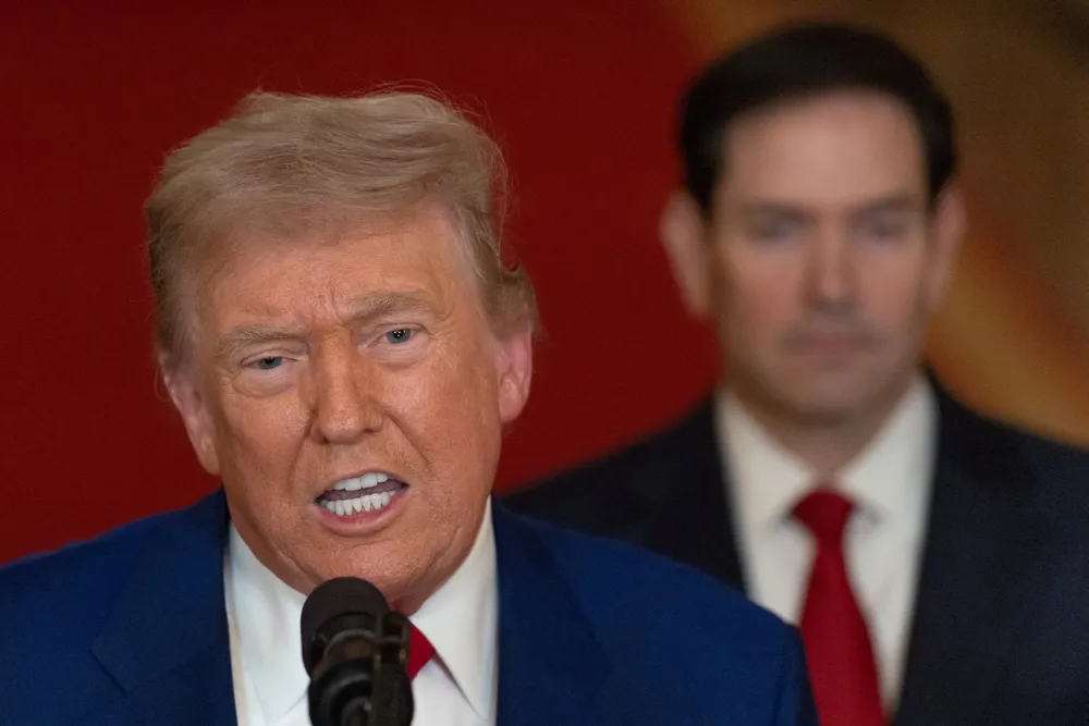 US President Donald Trump addresses the nation alongside US Secretary of State Marco Rubio at the White House in Washington, DC, US, on 21 June 2025, following US strikes on Iran's nuclear facilities.