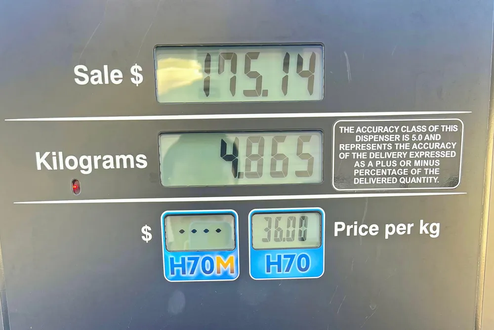 Photo posted online by a California-based Toyota Mirai driver after filling up his car for $175.14 at a True Zero pump in California. The accompanying caption read 'New high score', followed by laughing emojis.