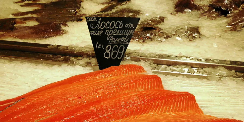 Fresh salmon sold in Russia.