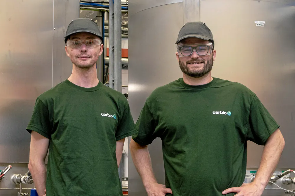 Aerbio chief technology officer Rob Mansfield (left) and chief experience officer Pete Rowe. The company is developing a novel single-cell protein called Proton, which can be used as feed for salmon and poultry.
