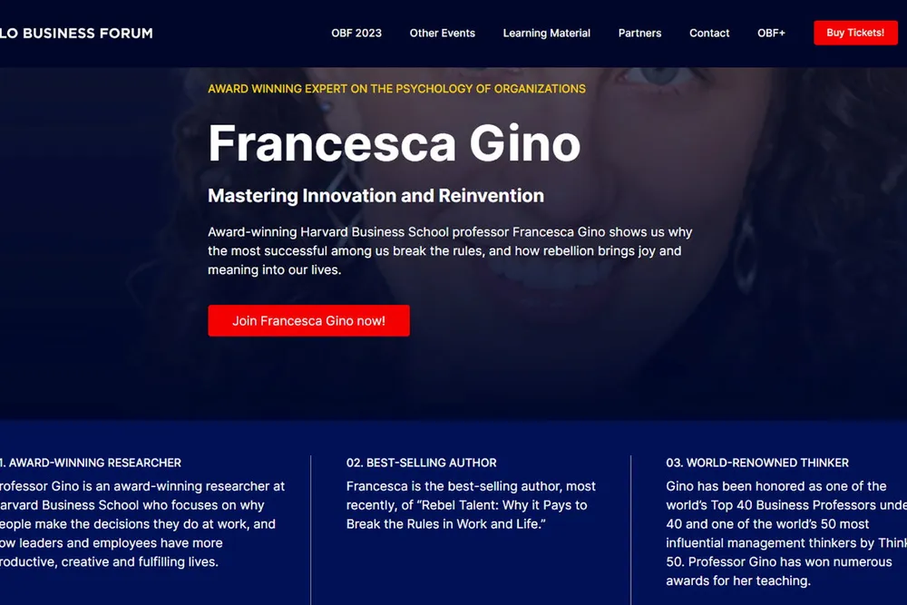 Slik så programmet ut for foredraget Francesca Gino skulle holde på Oslo Business Forum.