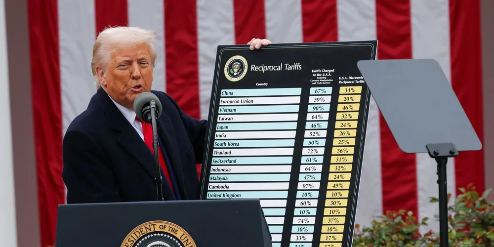 President Donald Trump viser frem hvilke tollsatser han vil innføre mot ulike land.