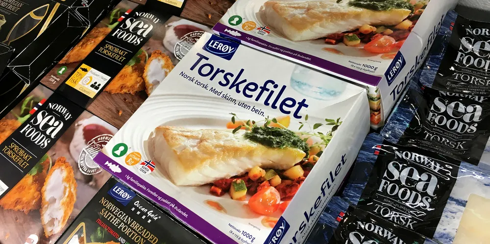Leroy Seafood's frozen cod and whitefish products in a freezer case under the Leroy and Norway Seafoods brands.