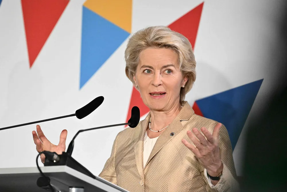 Headwinds: President of the European Commission Ursula von der Leyen gives a press conference following an informal summit of the European Union on 7 October.