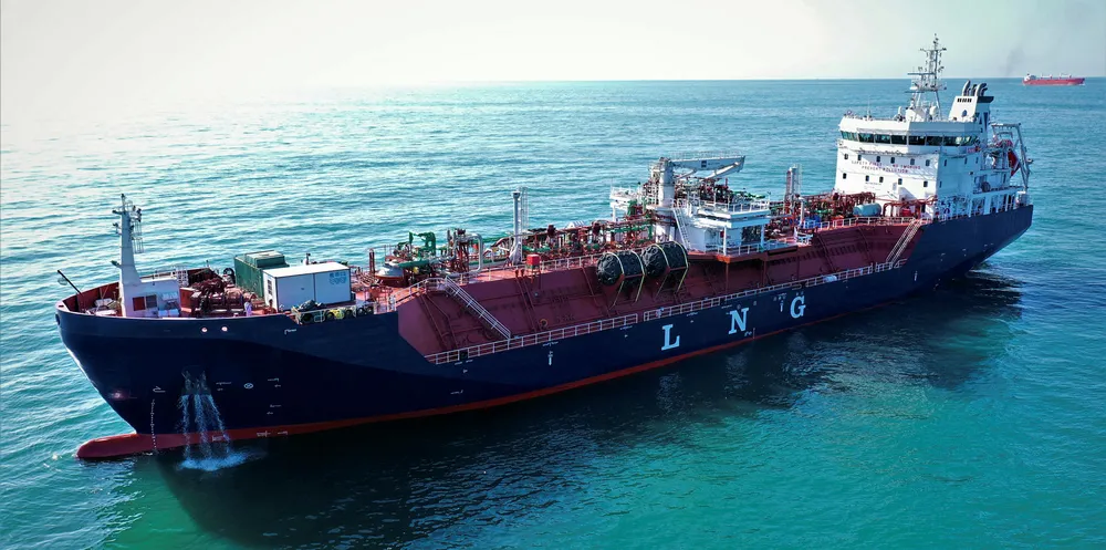 A first glimpse of Avenir LNG's 7,500-cbm newbuilding Avenir Advantage undergoing sea trials off China.