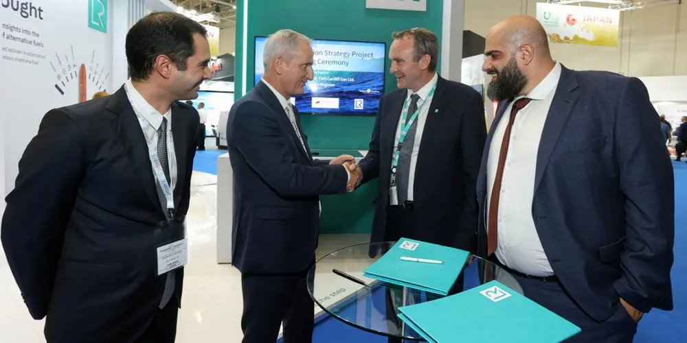 (From left) Alexandros Kafouros, emissions reduction and compliance officer at TMS Tankers; George Kourelis, general manager at TMS Tankers and TMS Cardiff Gas; Andy McKeran, Lloyd’s Register chief commercial officer and Theo Kourmpelis, Lloyd’s Register strategic business partner.