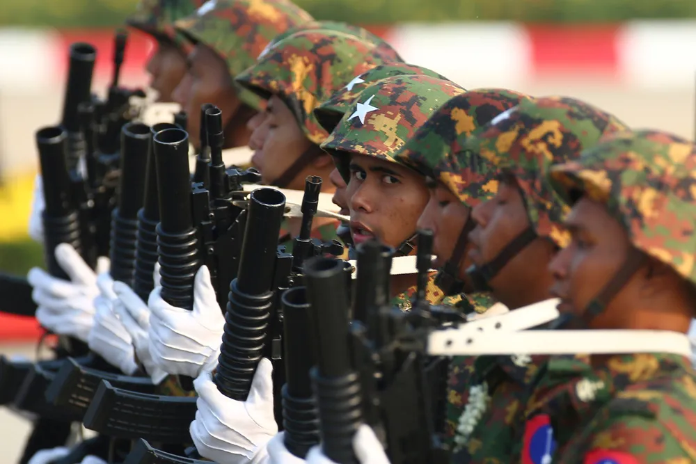 Parade: Military officers march to commemorate Myanmar’s 78th Armed Forces Day in the capital, Naypyitaw, on 27 March 2023.