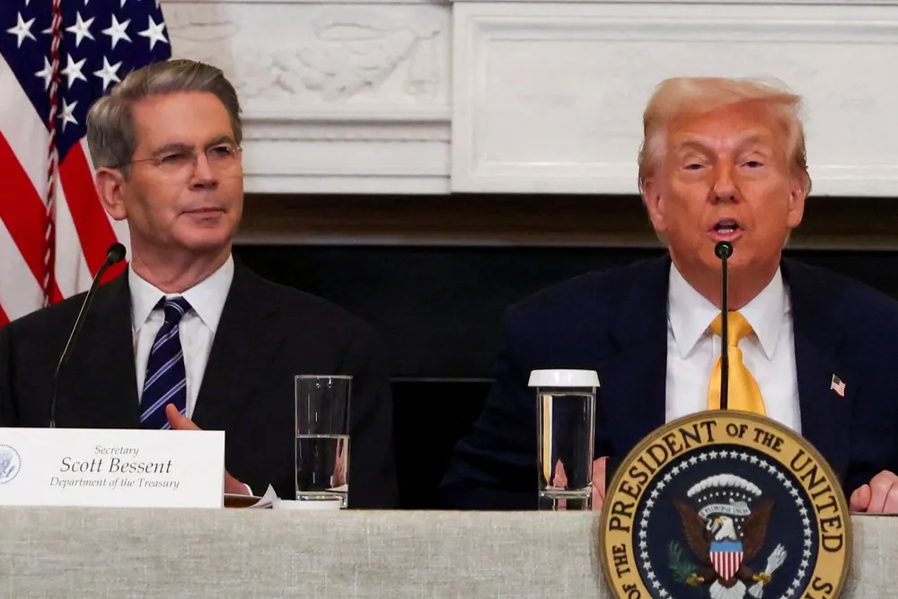 US President Donald Trump speaks in the White House in March alongside treasury secretary Scott Bessent.