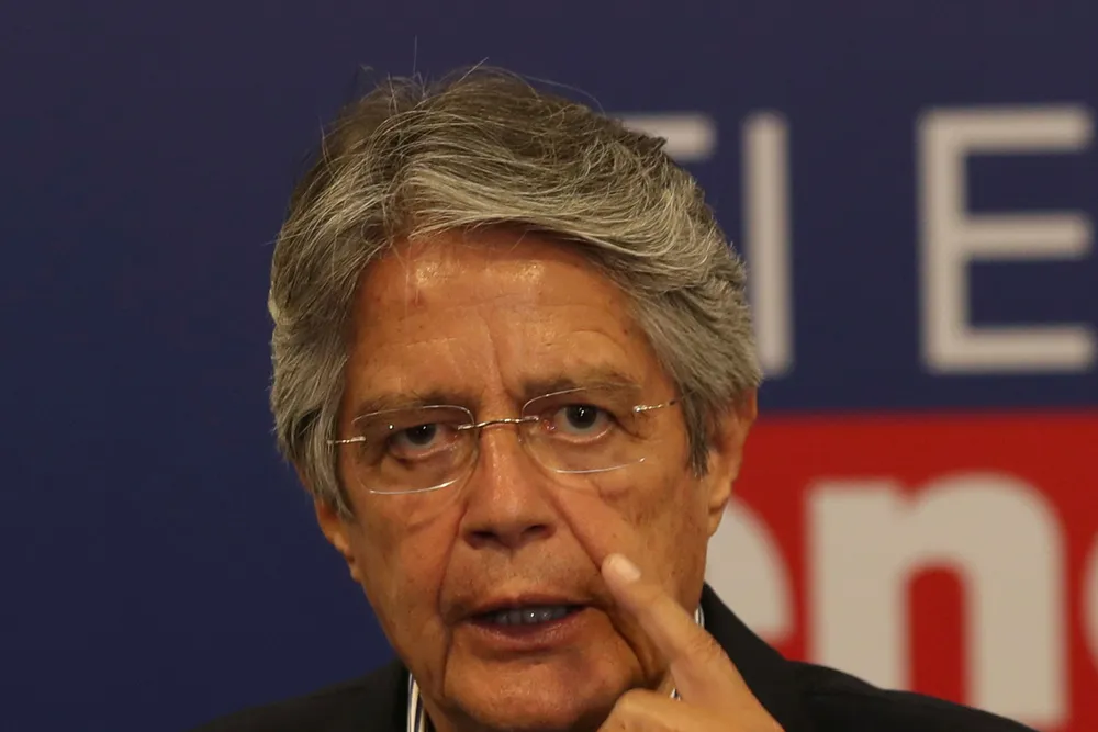 Winner Ecuador's President-elect Guillermo Lasso speaks during a press conference, one day after his electoral victory