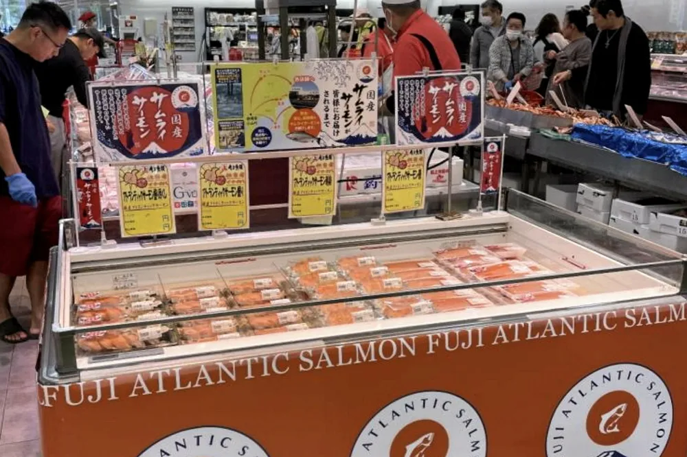 Proximar Seafood's Fuji Atlantic salmon in a Japanese supermarket. After making its first trial harvest on Sept. 30, the company has pushed a portion of its planned harvest for the current quarter into early 2025.