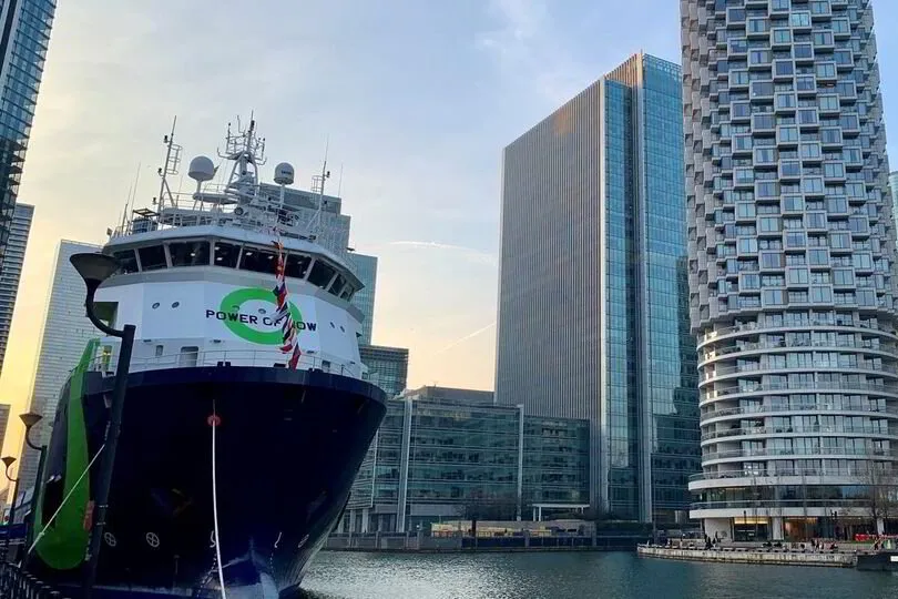 Green Pioneer, Fortescue's ammonia-powered vessel, docked at Canary Wharf in London