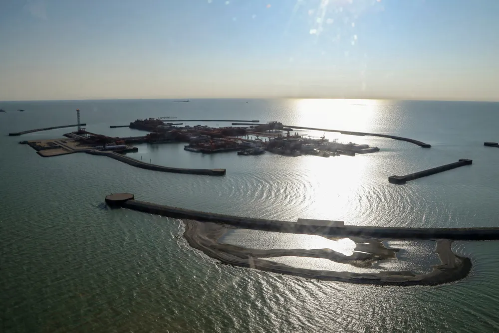 An aerial view of artificial islands with oil and gas production and processing equipment at the Kashagan oilfield in the Caspian sea in Kazakhstan.